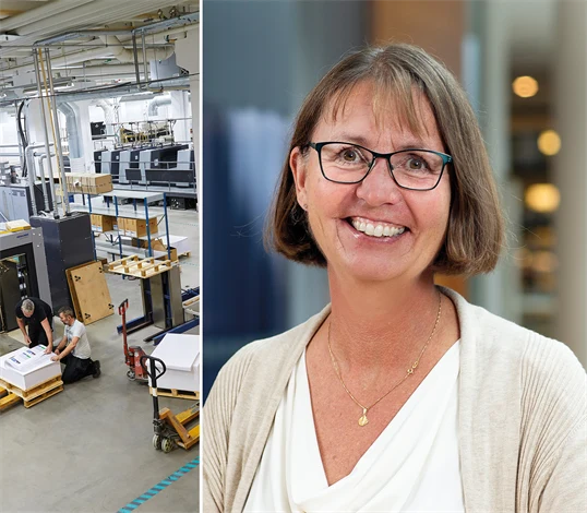 Bild från ett tryckeri och porträttbild på Åsa Samuelsson.